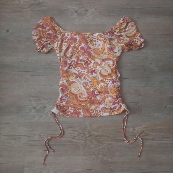 Y2K Funky Ruched Floral Micromesh Fairy Top - Picture 3 of 5